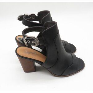 Seychelles Women's Black Leather Peep-Toe Heeled Sandals Silver Buckles 6 NEW
